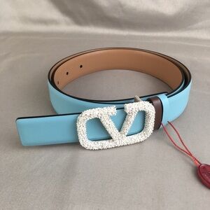 Valentino Garavani Light Blue Crystal VLOGO Belt with Full Packaging